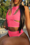 Pink Sexy Solid Hollowed Out Backless O Neck Sleeveless Two Pieces