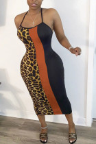 Orange Fashion Casual Ma'am Leopard Halter Neck A-Line Dresses
