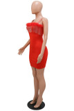 Red Fashion Sexy Patchwork Solid Feathers Backless Spaghetti Strap Sleeveless Dress