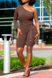 Brown Fashion Casual Solid Backless Long Sleeves Skinny Romper
