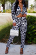Black Fashion Print Patchwork Turndown Collar Long Sleeve Two Pieces