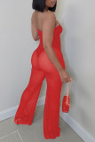 Red Sexy Solid Patchwork See-through Strapless Straight Jumpsuits