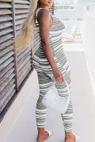 Grey Fashion Sexy Striped Print Patchwork V Neck Skinny Jumpsuits