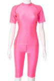 Rose Red Fashion Casual Sportswear Solid Patchwork O Neck Short Sleeve Two Pieces