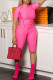 Rose Red Fashion Casual Sportswear Solid Patchwork O Neck Short Sleeve Two Pieces