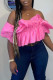 Pink Sexy Solid Patchwork Flounce Fold Off the Shoulder T-Shirts