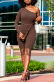 Brown Fashion Casual Solid Backless Long Sleeves Skinny Romper