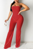 Red Sexy Solid Patchwork See-through Strapless Straight Jumpsuits