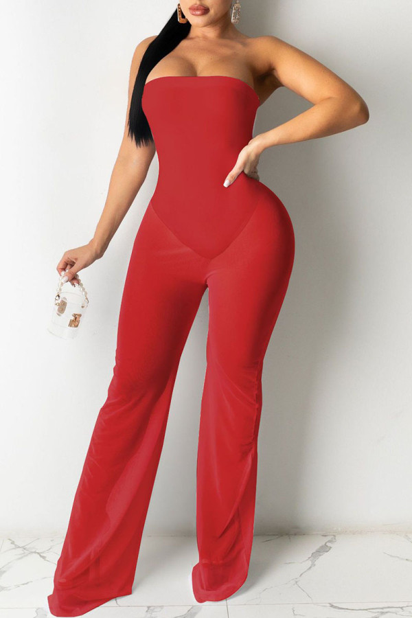 Red Sexy Solid Patchwork See-through Strapless Straight Jumpsuits