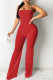 Red Sexy Solid Patchwork See-through Strapless Straight Jumpsuits