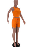 Orange Fashion Casual Solid Basic O Neck Sleeveless Two Pieces