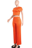 Orange Milk Silk Fashion adult Europe and America Ma'am Solid Two Piece Suits Loose Short Sleeve Two Pieces