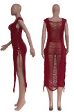 Red Sexy Solid Tassel Hollowed Out Patchwork Asymmetrical Swimwears Cover Up