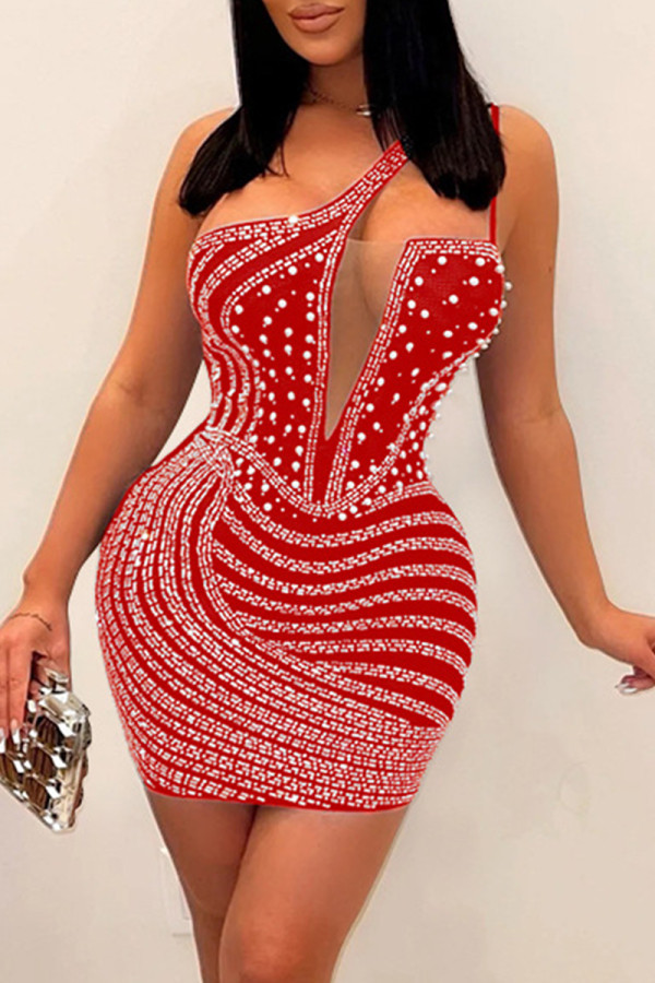 Red Fashion Sexy Patchwork Hot Drilling Backless One Shoulder Sleeveless Dress Dresses