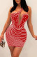 Red Fashion Sexy Patchwork Hot Drilling Backless One Shoulder Sleeveless Dress Dresses