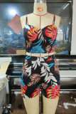 Black Sexy Print Patchwork Spaghetti Strap Sleeveless Two Pieces