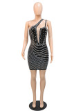 Red Fashion Sexy Patchwork Hot Drilling Backless One Shoulder Sleeveless Dress Dresses