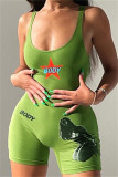 Green Fashion Casual Print Backless U Neck Skinny Romper