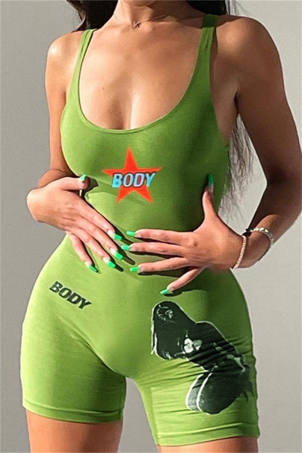 Green Fashion Casual Print Backless U Neck Skinny Romper