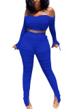 Blue Fashion Adult Elegant Solid Patchwork See-through Bateau Neck Long Sleeve Flare Sleeve Short Two Pieces