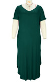Army Green Casual Solid Patchwork Slit V Neck T-shirt Dress Plus Size Dresses
