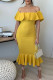 Yellow Sweet Solid Patchwork Flounce Off the Shoulder One Step Skirt Dresses