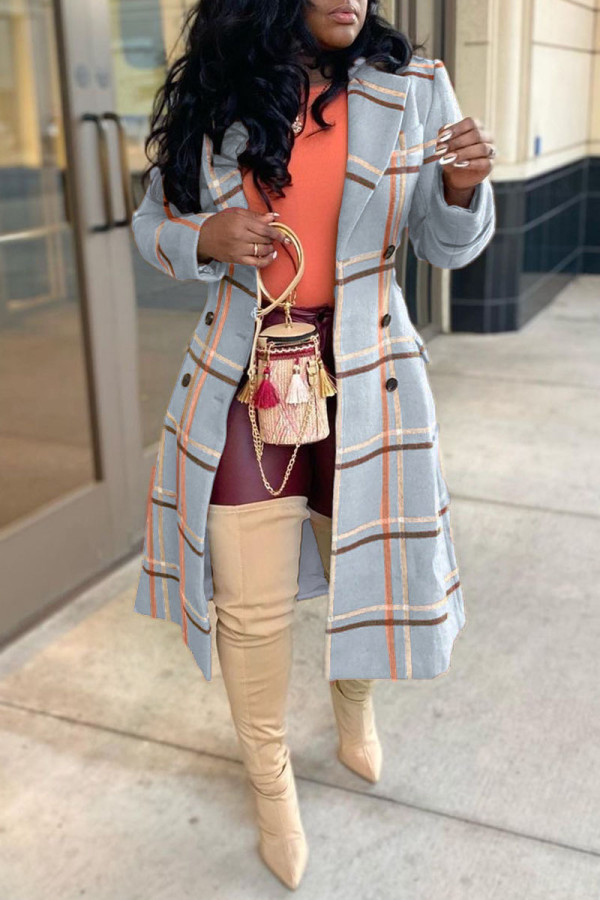 Blue Fashion Street Plaid Patchwork Turndown Collar Outerwear