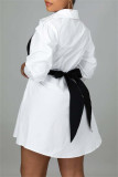 Black Fashion Casual Solid Metal Accessories Decoration With Bow Turndown Collar Shirt Dress Dresses