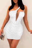 Red Fashion Sexy Patchwork Hot Drilling Backless One Shoulder Sleeveless Dress Dresses