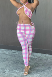 Red Sexy Plaid Patchwork Halter Sleeveless Two Pieces