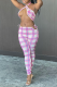 Pink Sexy Plaid Patchwork Halter Sleeveless Two Pieces