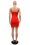 Red Fashion Sexy Patchwork Solid Feathers Backless Spaghetti Strap Sleeveless Dress