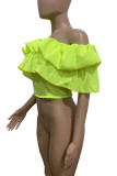 Pink Sexy Solid Patchwork Flounce Fold Off the Shoulder T-Shirts