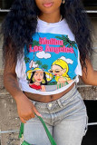 White Fashion Casual Print Patchwork O Neck T-Shirts
