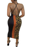 Red Fashion Casual Ma'am Leopard Halter Neck A-Line Dresses