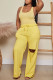 Yellow Fashion Casual Solid Ripped U Neck Sleeveless Two Pieces