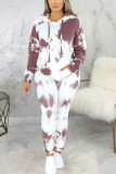 Coffee Sexy Print Patchwork Hooded Collar Long Sleeve Two Pieces