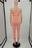 Fluorescent Green Fashion Sexy Striped Print Patchwork V Neck Skinny Jumpsuits