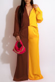 Coffee Casual Solid Patchwork Buckle Turndown Collar Long Sleeve Two Pieces