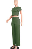 Green Milk Silk Fashion adult Europe and America Ma'am Solid Two Piece Suits Loose Short Sleeve Two Pieces