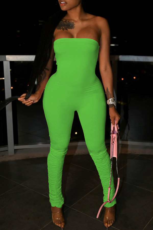 Fluorescent Green Sexy Casual Solid Backless Strapless Skinny Jumpsuits