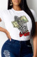 White Casual Print Patchwork O Neck T-Shirts