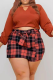 Tangerine Red Casual Print Hollowed Out O Neck Long Sleeve Two Pieces