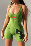 Green Fashion Casual Print Backless U Neck Skinny Romper