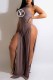Coffee Fashion Sexy Letter Print Backless Slit O Neck Jumpsuits