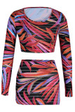 Red Sexy Print Patchwork O Neck Long Sleeve Two Pieces