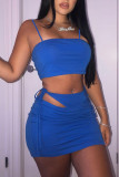 Royal Blue Sexy Solid Bandage Hollowed Out Patchwork Spaghetti Strap Sleeveless Two Pieces