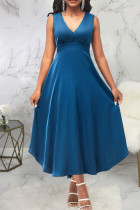 Blue Casual Solid Patchwork V Neck A Line Dresses