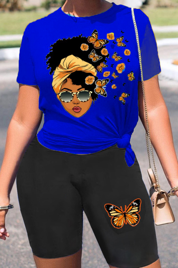 Dark Blue Casual Butterfly Print Patchwork O Neck Short Sleeve Two Pieces