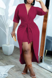 Blue Casual Solid Patchwork V Neck Dresses